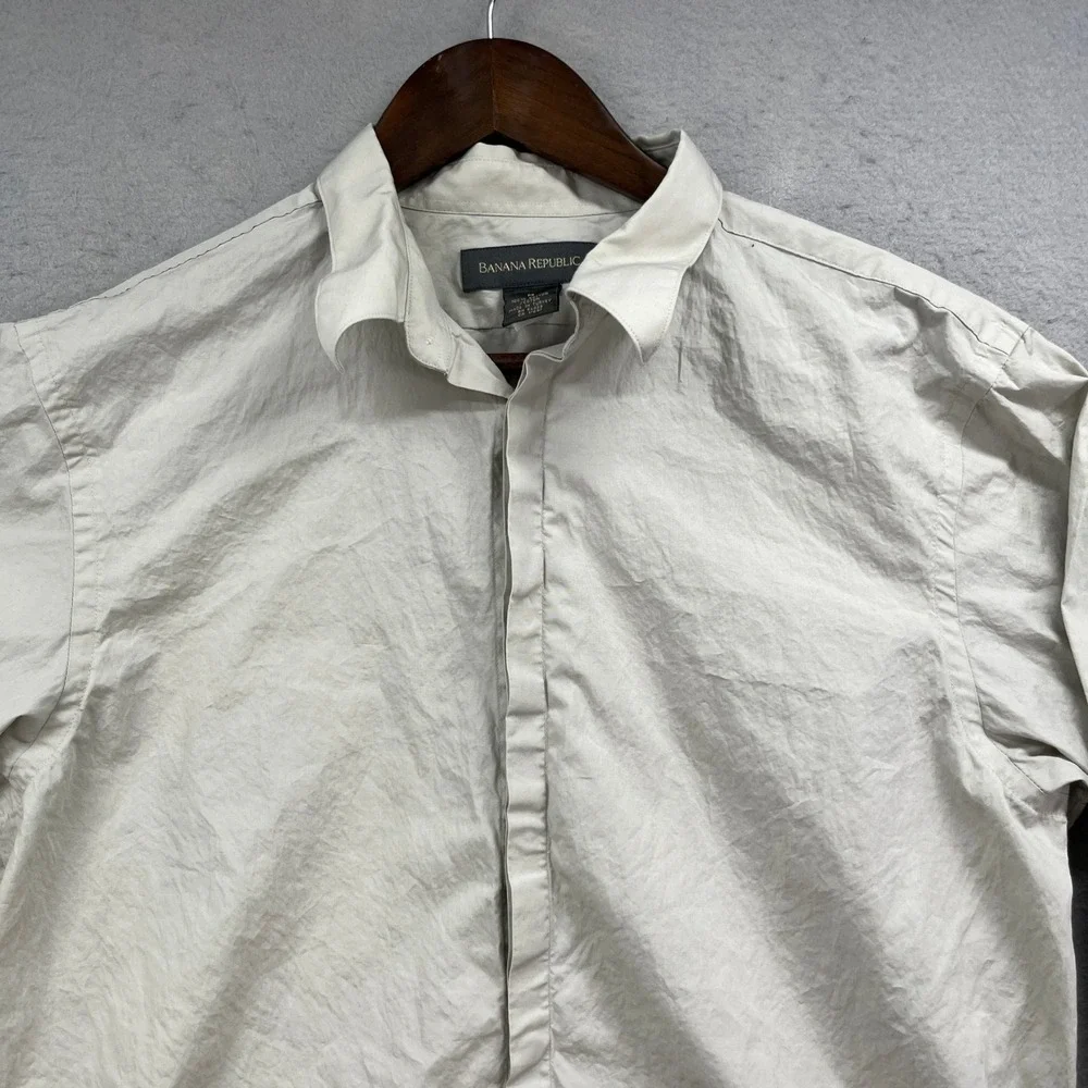 Banana Republic Shirt Mens Medium Tan Cotton Long Sleeve Hidden Button Up Y2K